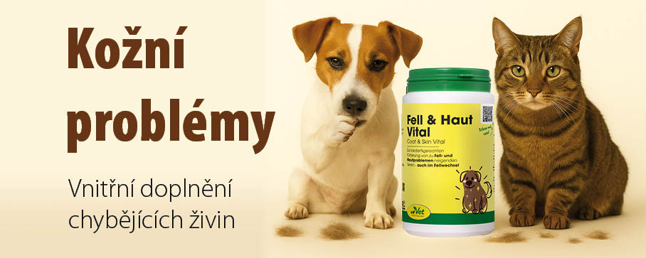 Pes s kožními problémy si kouše packu a kolem něj leží vytrhaná srst, vedle něj sedí kočka a uprostřed je doplněk výživy cdVet Fell & Haut Vital na podporu kůže a srsti.
