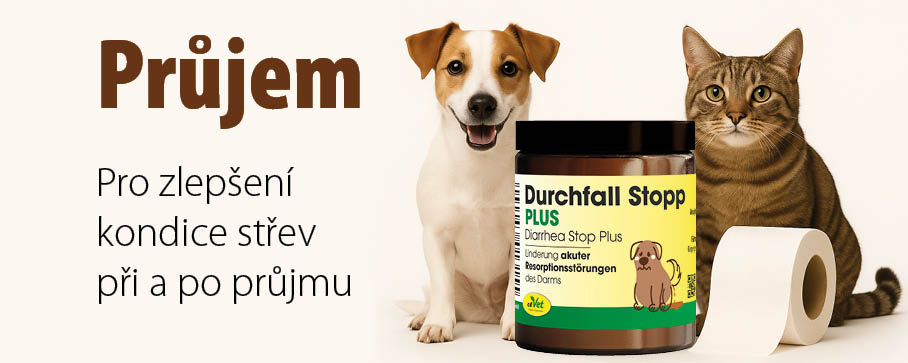 Pes a kočka u doplňku výživy cdVet Průjem Stop Plus pro podporu trávení a zlepšení kondice střev při a po průjmu, s toaletním papírem jako vtipným symbolem střevních potíží.