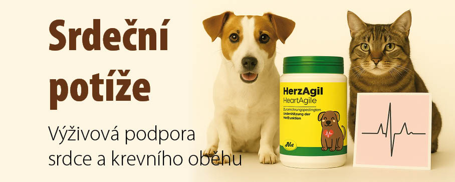 Pes a kočka sedící u doplňku stravy HerzAgil pro podporu srdce a krevního oběhu u psů a koček, doplněné ikonou EKG – srdeční potíže u domácích mazlíčků.