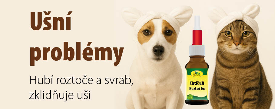 Banner k tématu ušní problémy u psů a koček – pes a kočka se zavázanýma ušima, produkt cdVet Čistič uší Roztoč Ex na hubení ušních roztočů a svrab.