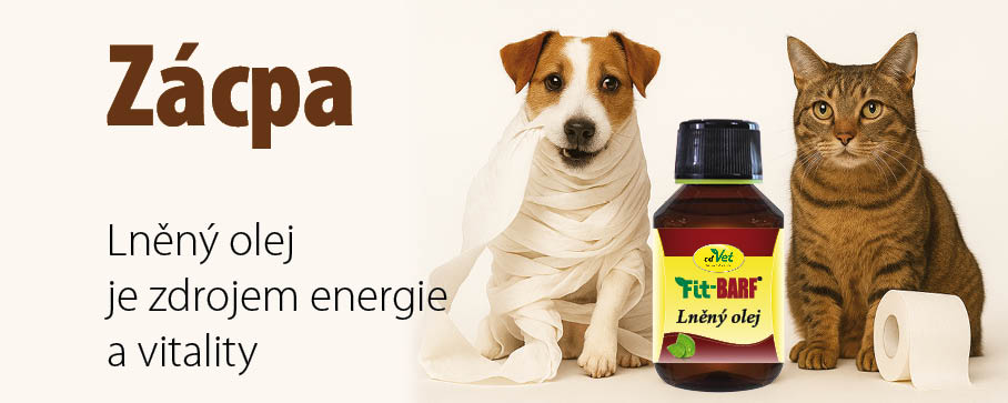 Banner k tématu zácpy u psů a koček – pes omotaný toaletním papírem, kočka sedící u roličky, produkt Fit-BARF lněný olej jako přírodní podpora trávení.