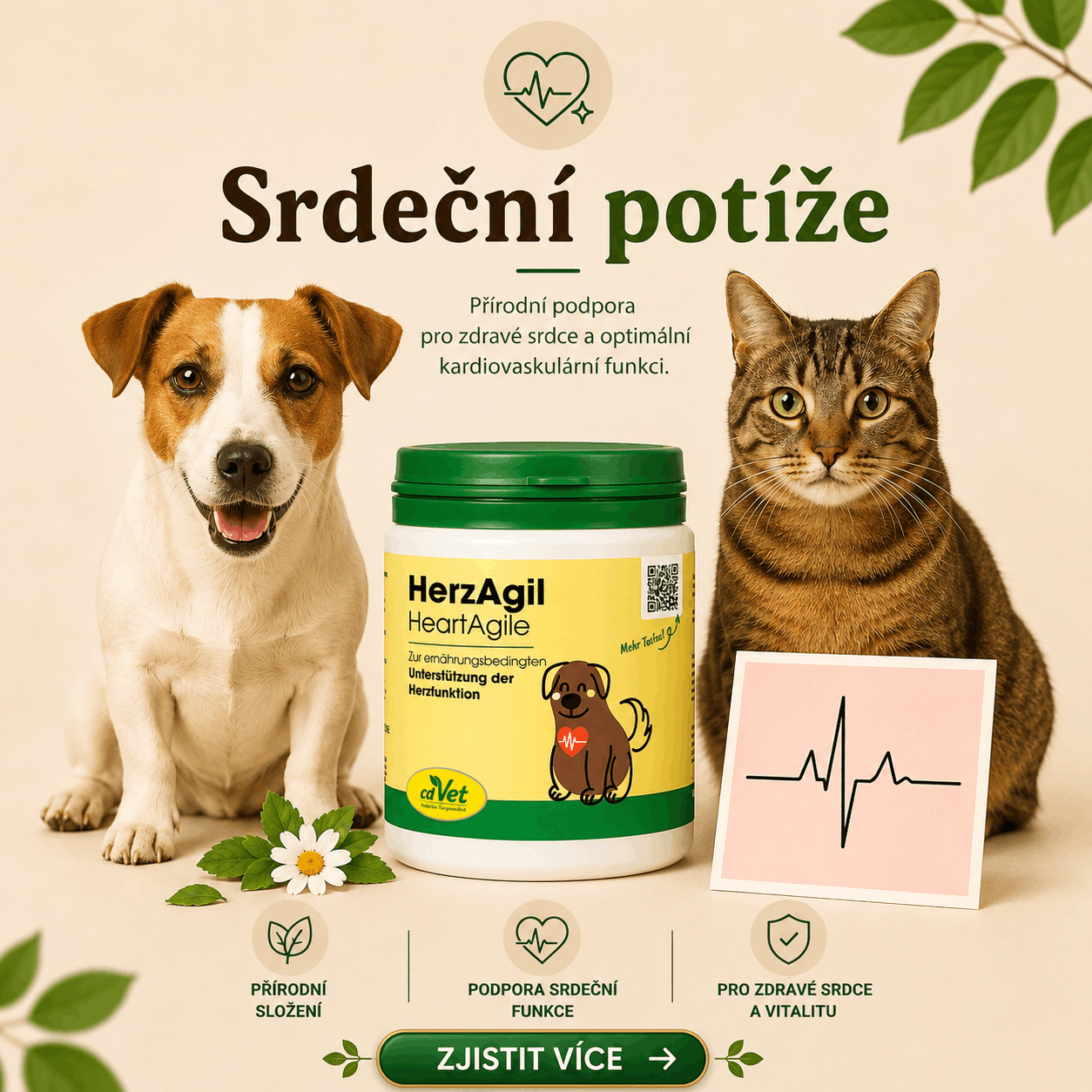 Pes a kočka sedící u doplňku stravy HerzAgil pro podporu srdce a krevního oběhu u psů a koček, doplněné ikonou EKG – srdeční potíže u domácích mazlíčků.