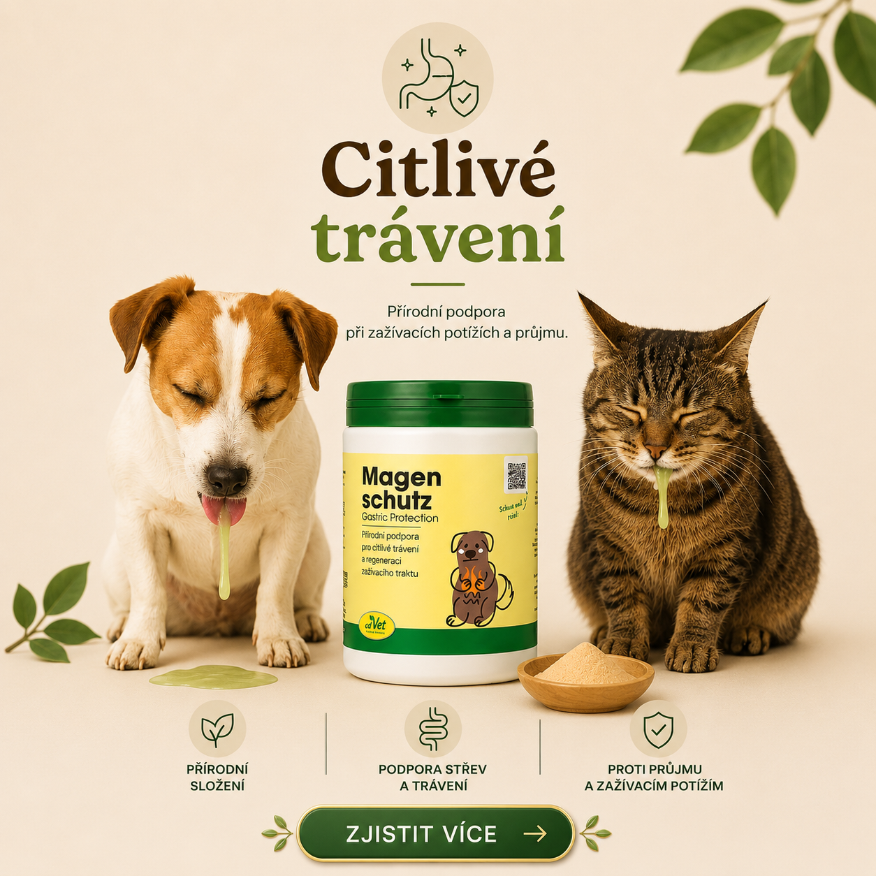 Banner o zvracení u psů a koček – text o ochraně žaludečních a střevních sliznic, pes se sklopenou hlavou u misky, kočka sedící vedle produktu Magen Schutz.