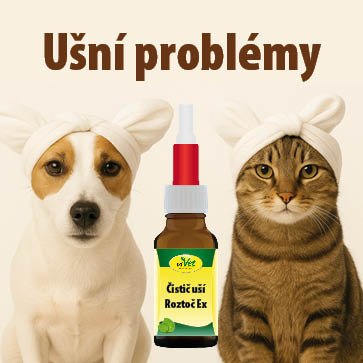 Banner k tématu ušní problémy u psů a koček – pes a kočka se zavázanýma ušima, produkt cdVet Čistič uší Roztoč Ex na hubení ušních roztočů a svrab.