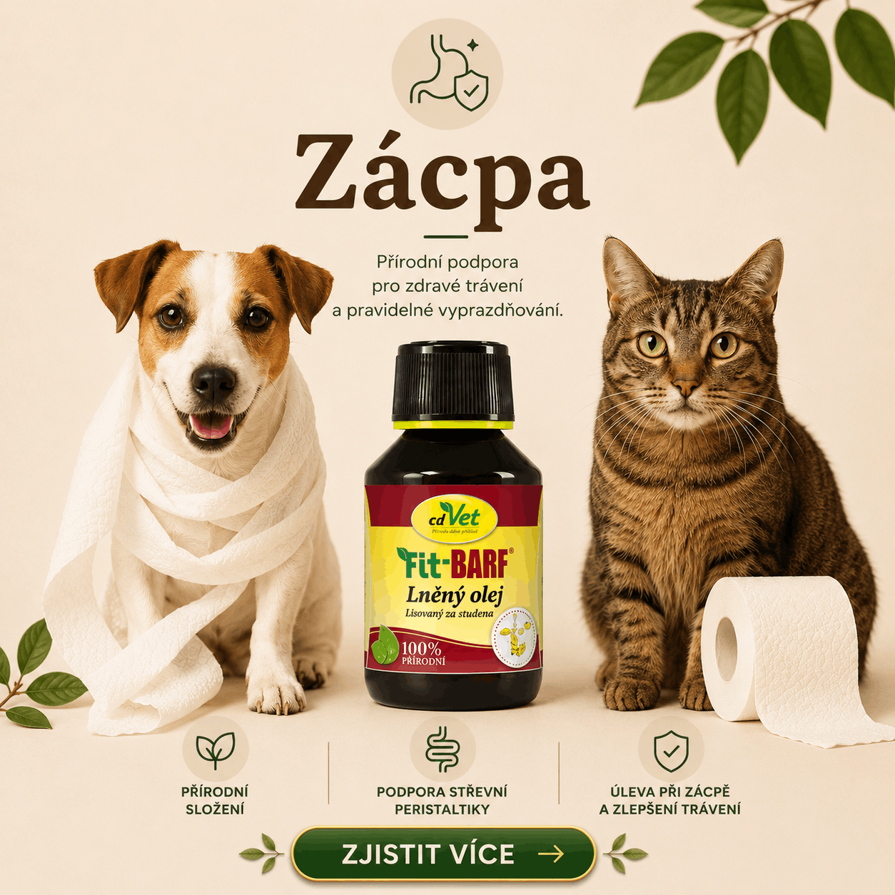 Banner k tématu zácpy u psů a koček – pes omotaný toaletním papírem, kočka sedící u roličky, produkt Fit-BARF lněný olej jako přírodní podpora trávení.