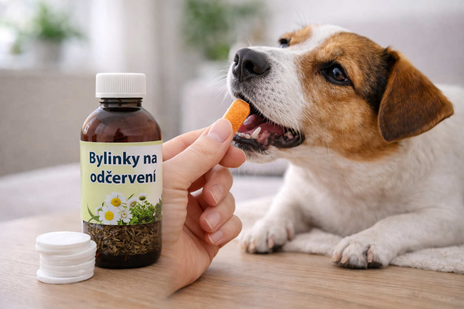 Jack Russell teriér při podávání přírodního doplňku stravy na odčervení v domácím prostředí