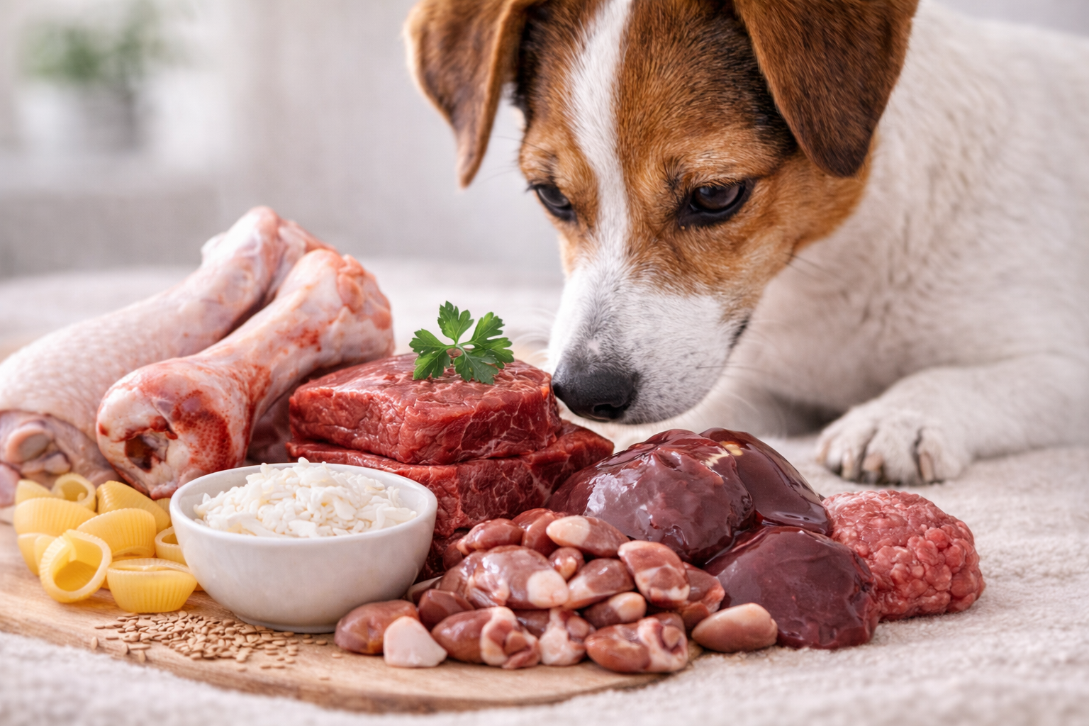 Pes zkoumá syrové maso, vnitřnosti a kosti na stole.
