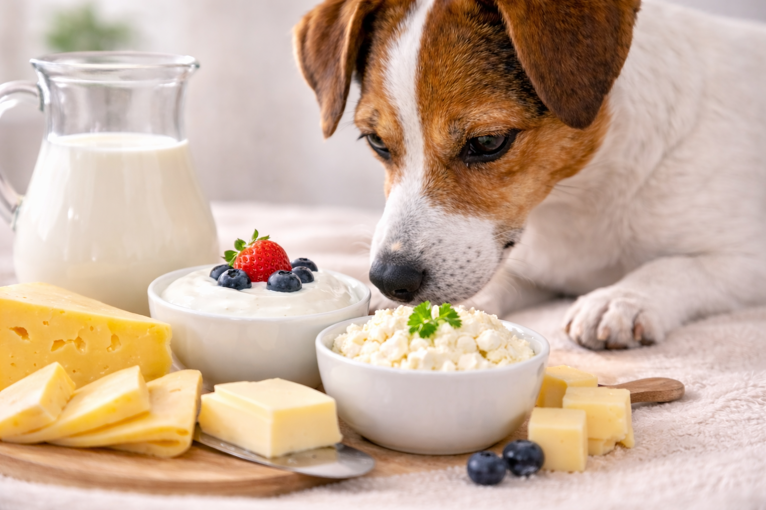 Pes zkoumá mléčné výrobky jako jogurt, tvaroh a sýr.