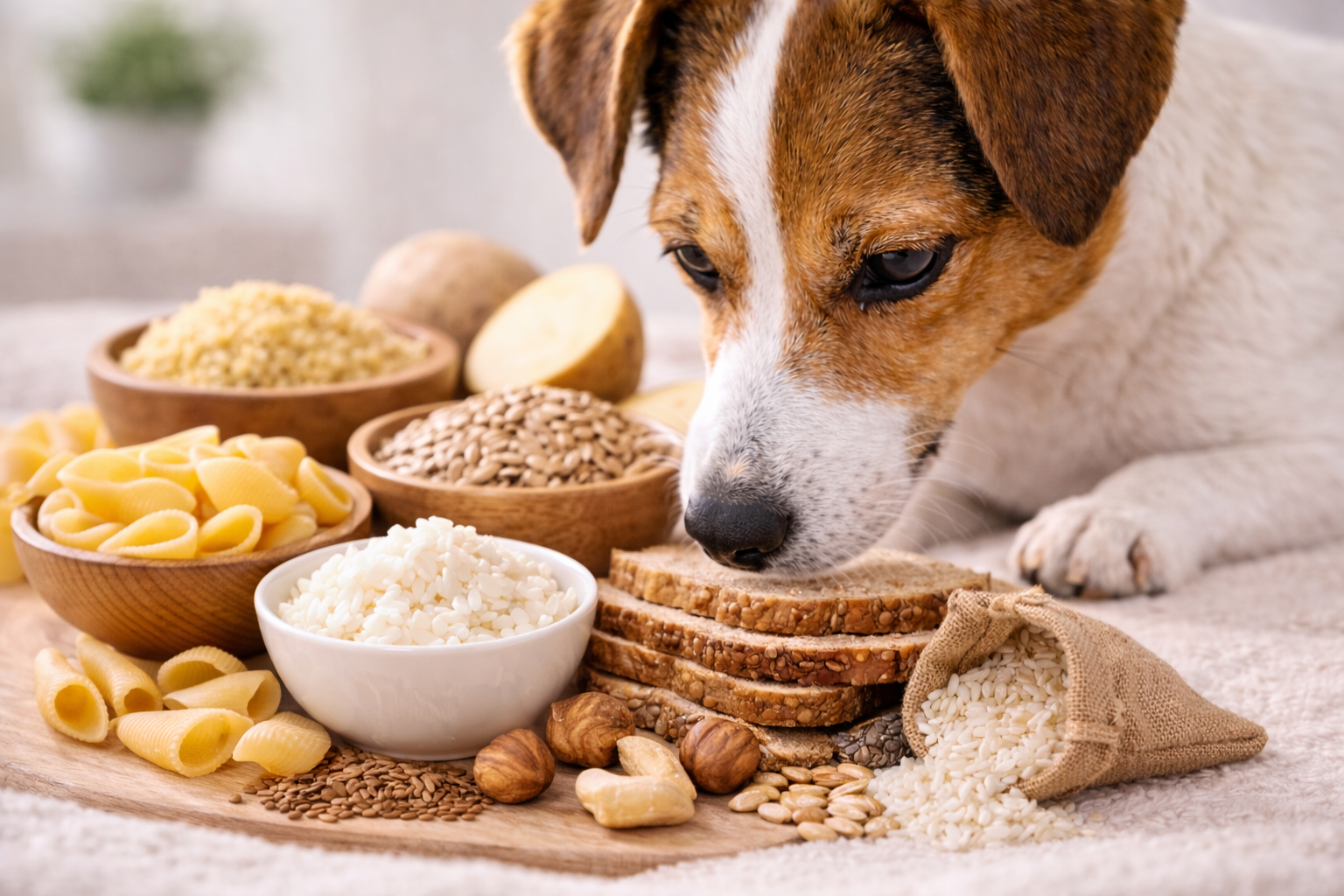 Pes zkoumá různé obiloviny a přílohy na stole.