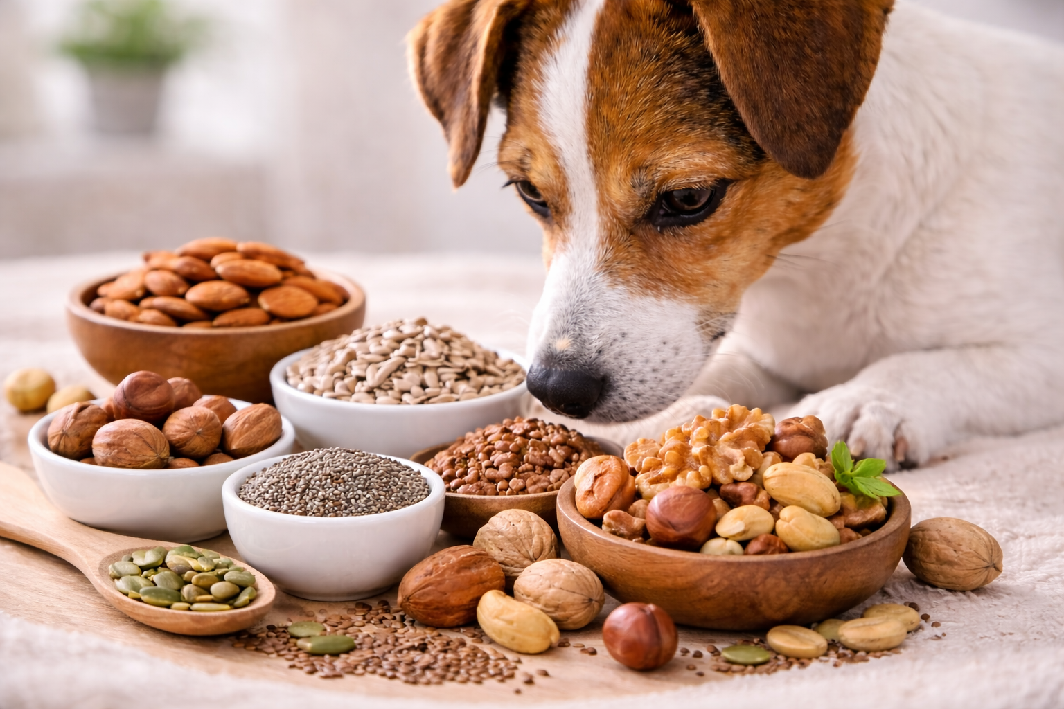 Pes zkoumá různé druhy ořechů a semen na stole.