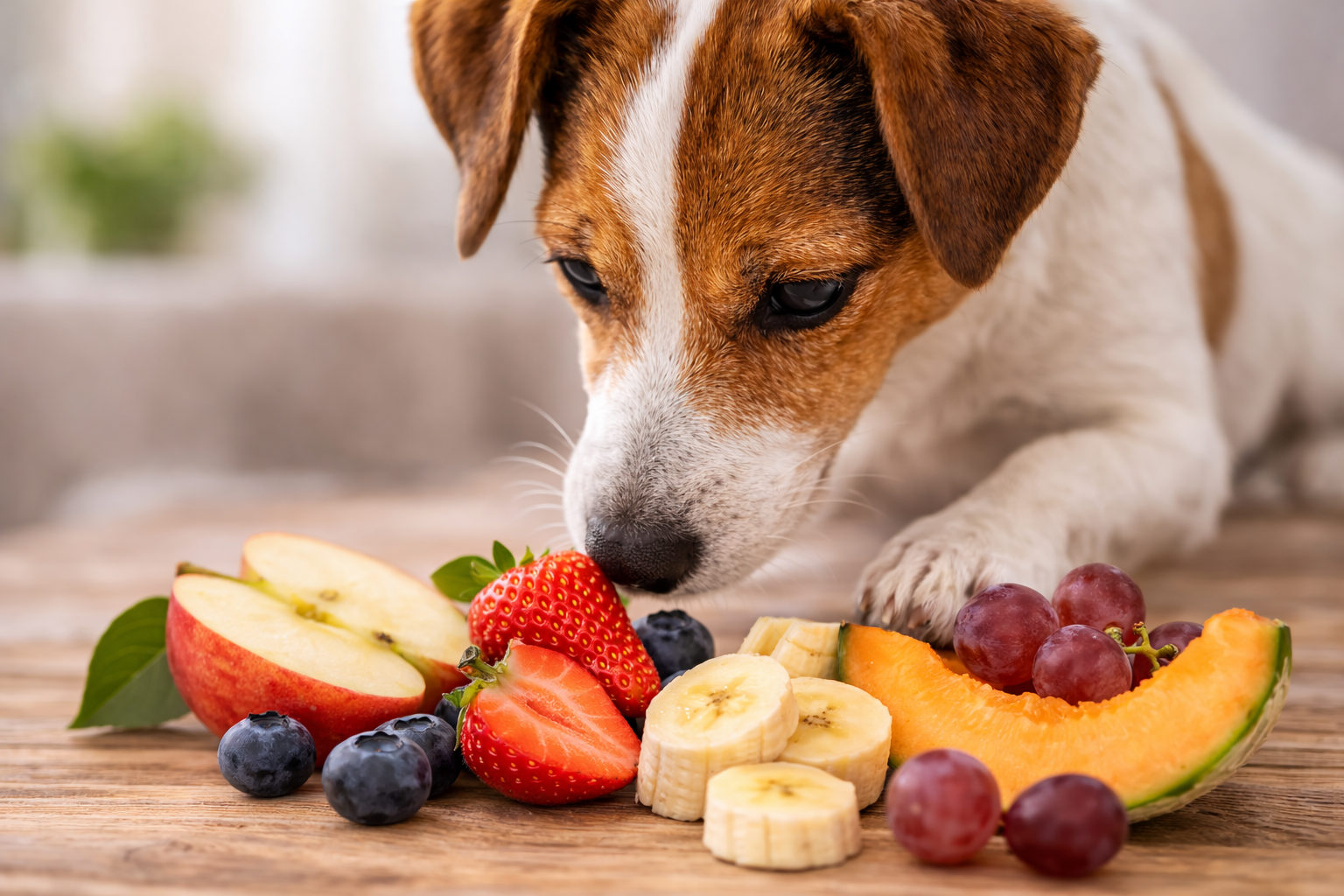 Pes zkoumá různé druhy ovoce, které může nebo nemůže jíst