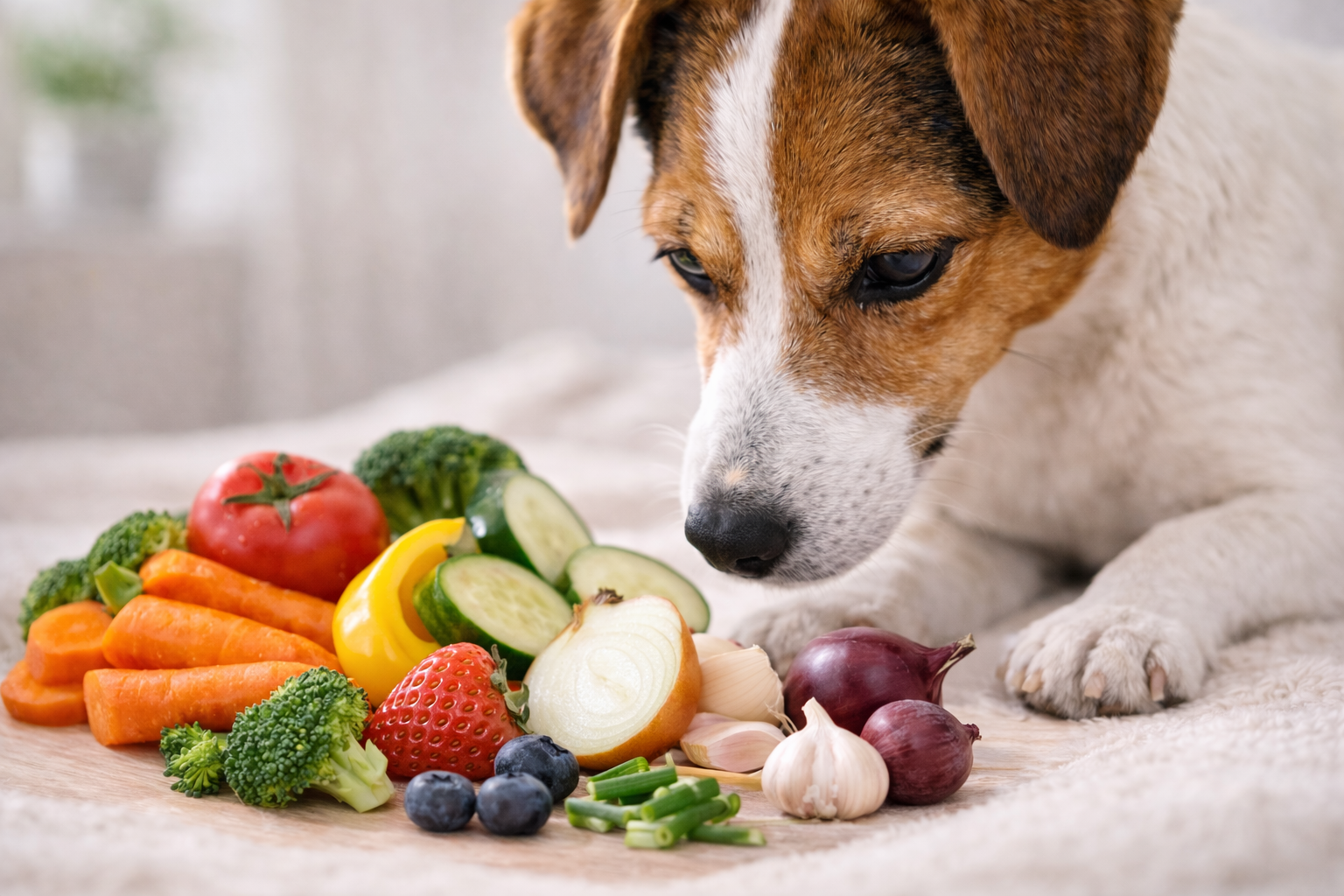 Pes zkoumá různé druhy zeleniny, které mohou být součástí psí stravy.