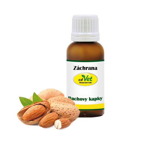 Hnědá lahvička Bachovy kapky Záchrana s mandlemi – přírodní esence pro zklidnění psů a koček.