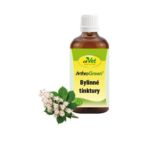 Hnědá lahvička ArthroGreen Bylinné tinktury s kvetoucí rostlinou – přírodní bylinný doplněk na klouby psů a koček.