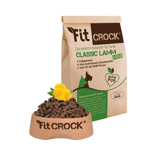 Balení FitCrock Classic Lamm Mini s miskou granulí a pampeliškou – přírodní jehněčí krmivo pro malé psy