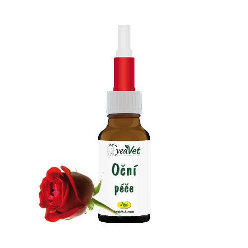 Hnědá lahvička Oční péče s kapátkem a červenou růží – přírodní přípravek pro péči o oči psů.