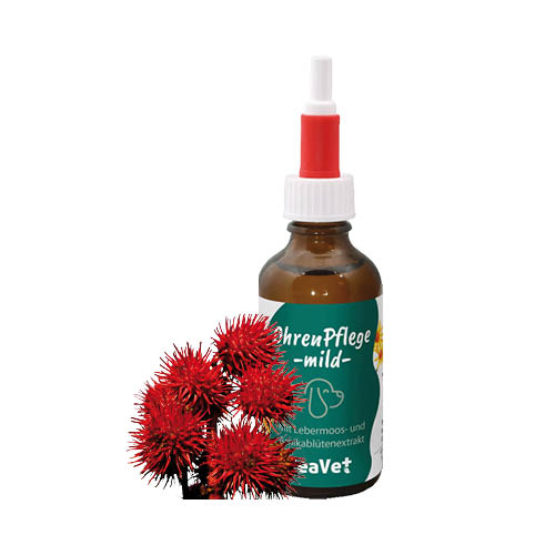 Hnědá lahvička s kapátkem OhrenPflege mild a plody ricinu – přírodní ušní péče pro psy.