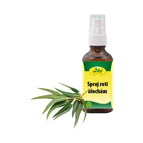 Hnědá lahvička se sprejem proti blechám s větvičkou eukalyptu – přírodní repelent pro psy.