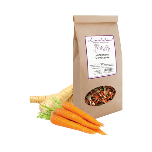 Papírový sáček Lunderland Gemüsemix s mrkví a petrželí – sušená zeleninová směs pro psy.