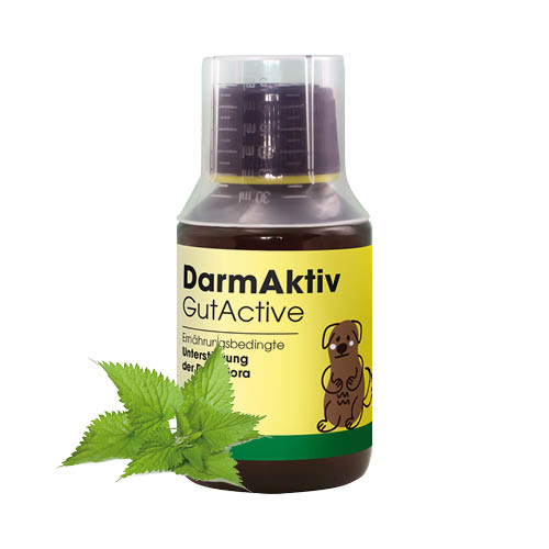 Láhev doplňku stravy DarmAktiv s listy kopřivy – přírodní přípravek pro psy.