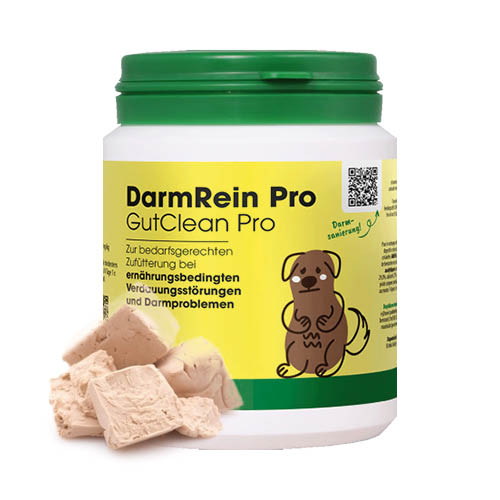 Plastová dóza DarmRein Pro s obrázkem psa a kousky sušeného droždí – přírodní doplněk pro psy.