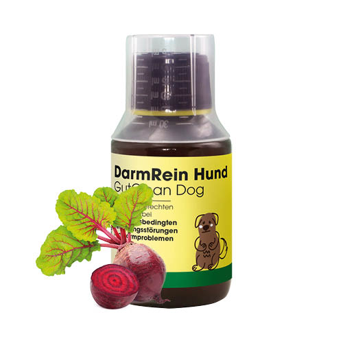 Láhev doplňku stravy DarmRein Hund s červenou řepou – přírodní přípravek pro psy.