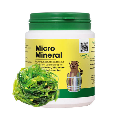 Plastová dóza Micro Mineral mořskými řasami – minerální doplněk pro psy.