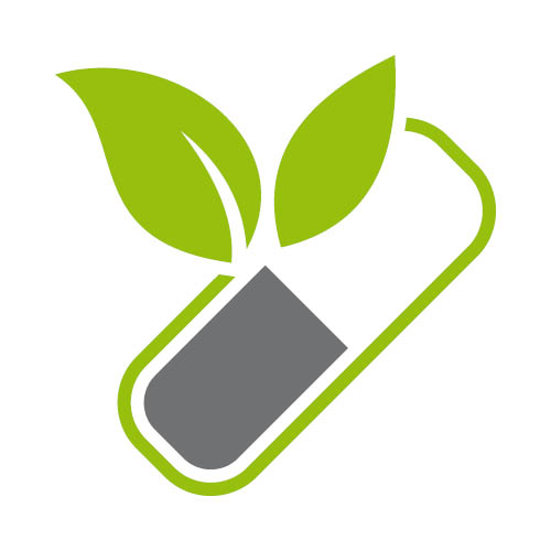 Ikona kapsle s listy – symbol spojení přírodních a umělých vitamínů.