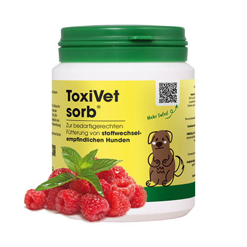 Plastová dóza ToxiVet sorb s malinami – přírodní doplněk pro psy.