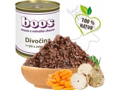 Divočina s rýží a zeleninou je kvalitní konzerva pro psy obsahující 70 % masa a 30 % zeleniny.
