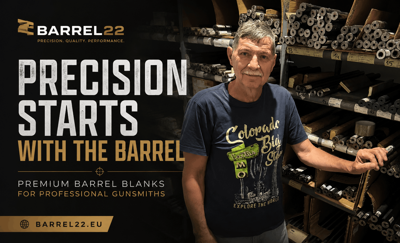 Fondatore di Barrel22 nel magazzino con canne grezze premium per armaioli professionisti.