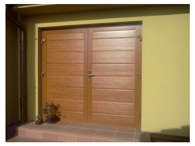 Dvoukřídlá hliníková garážová vrata Kružík dekory dřeva šířky 2375-2500 a výšky 2000 mm.Záruka 5 let  (Barva zlatý dub, tmavý dub/ ořech/ - NUSSBAUM)