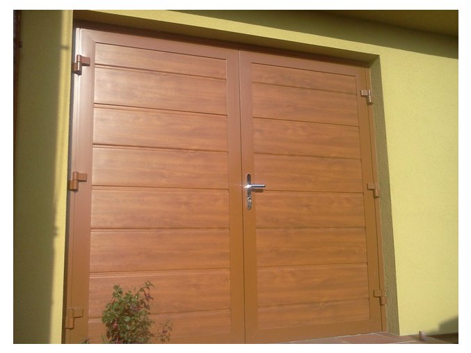 Dvoukřídlá hliníková garážová vrata Kružík zateplená dekory dřeva šířky 2375-2500 a výšky 2150 mm.Záruka 5 let  (Barva zlatý dub, tmavý dub NUSSBAUM /ořech/)