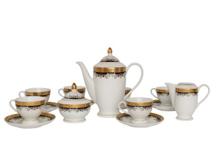 Luxusní porcelánová čajová souprava s dekorem zlato-černé bordury