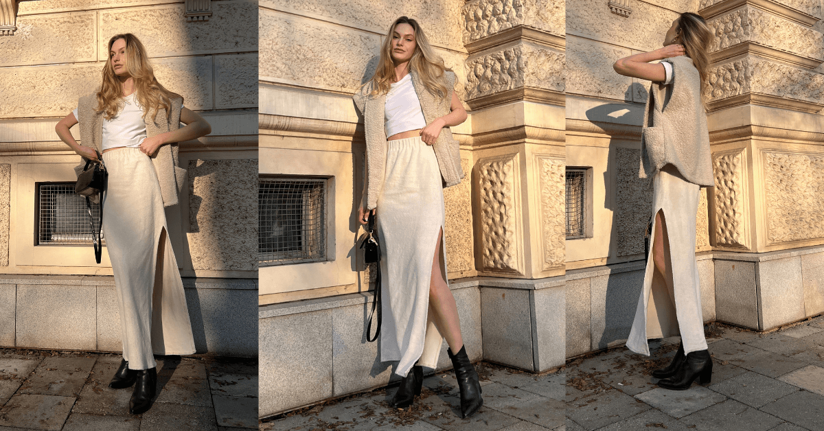 Dámská vesta se sukní, vlněná vesta, jarní outfit, maxi sukně, sukně a vesta