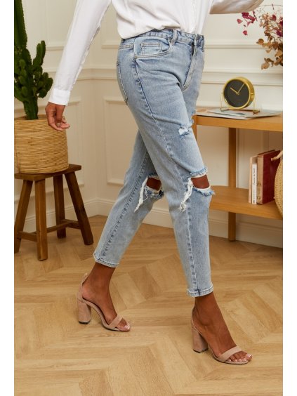 MOM Fit jeans s trháním - modré - basicstore.cz