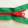 zip YKK - smaragdově zelený, zoubky malinové+červené
