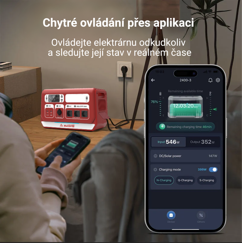 Nabíjecí stanice Hobby 2200 W dodává elektřinu během zahradní oslavy – napájí chladničku a rádio, zatímco hosté si užívají hudbu a zábavu venku.