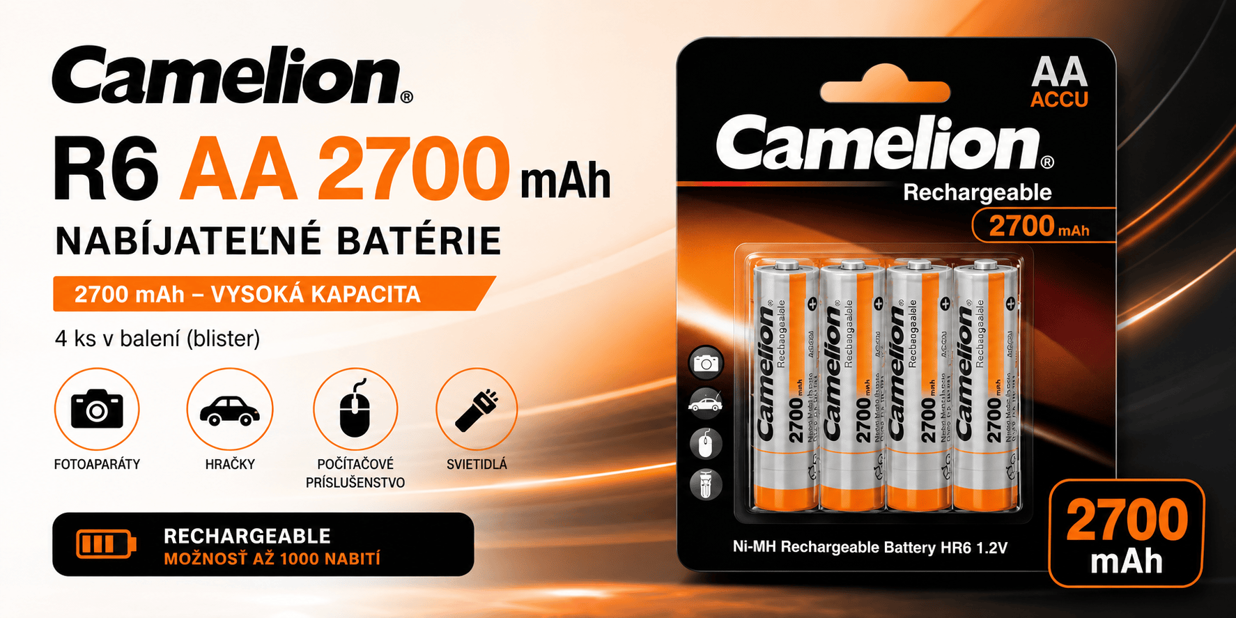 Nabíjateľné batérie Camelion AA 2700 mAh – vysoká kapacita pre náročné zariadenia