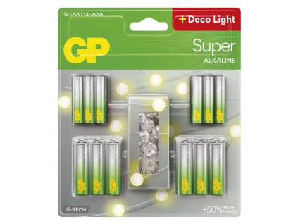 Batérie GP Super Alkaline AA 12 x + AAA 12 x + LED reťaz