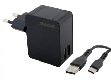 AVACOM HomeNOW síťová nabíječka 3,4A se dvěma výstupy, černá barva (USB-C kabel)
