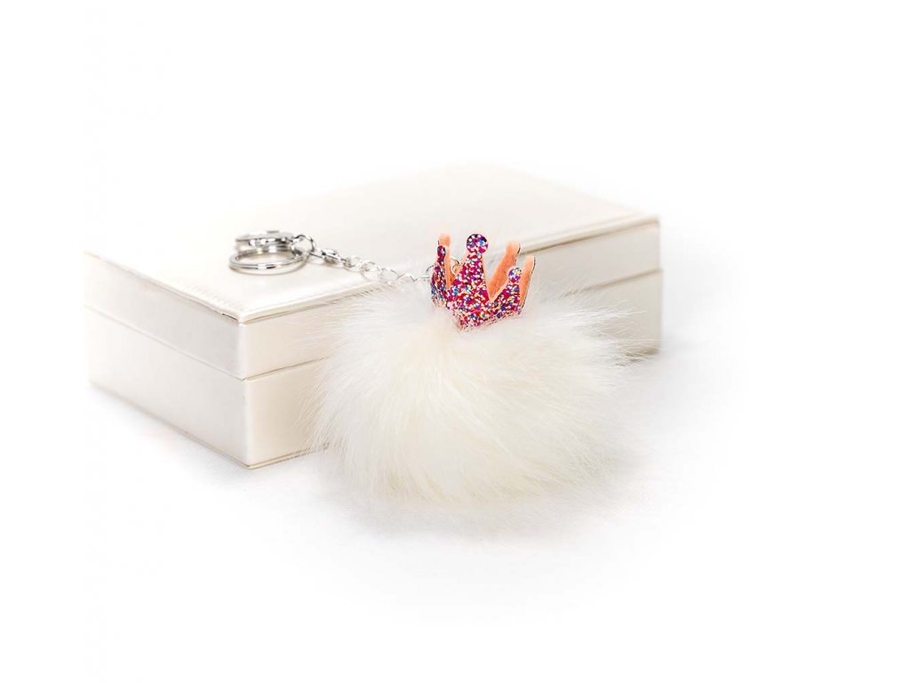 Handmade prívesok na kabelku pom pom Princess collection - biely s farebnou korunkou