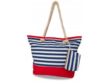 Letná plážová taška - modro biela s červeným pruhom