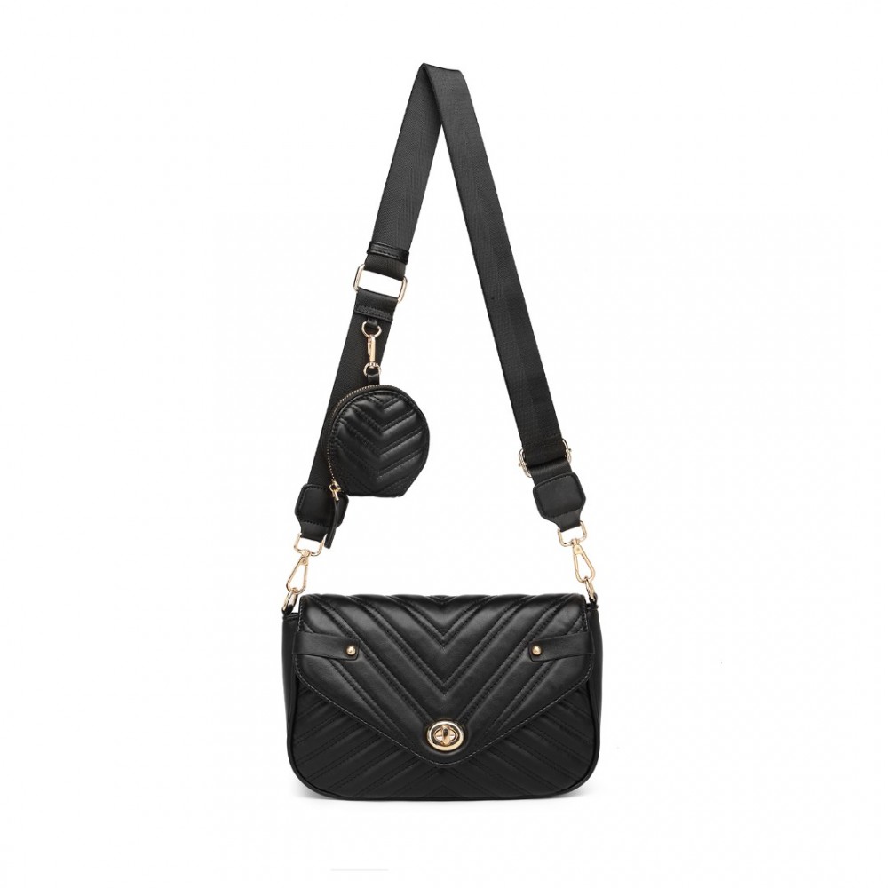 E-shop Miss Lulu dámska crossbody kabelka s V - vzorom a kapsičkou - čierna - 27 cm