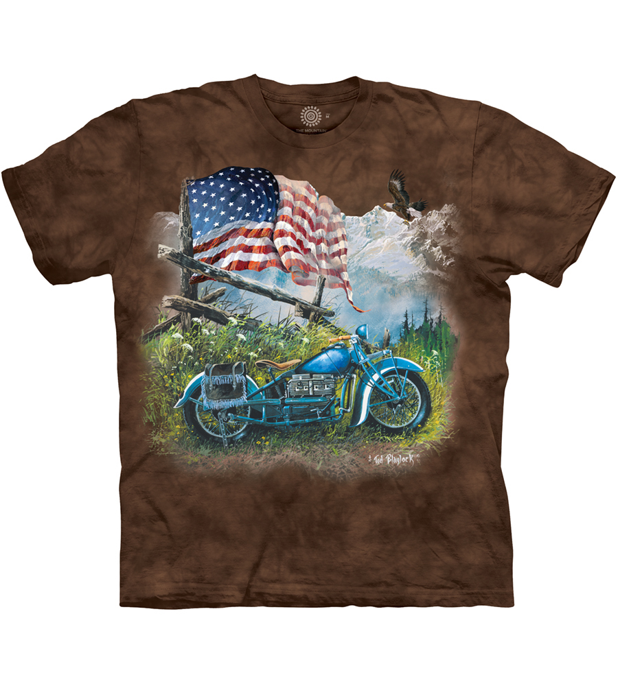 E-shop Pánske batikované tričko The Mountain - Modrá motorka s americkou vlajkou- hnedé