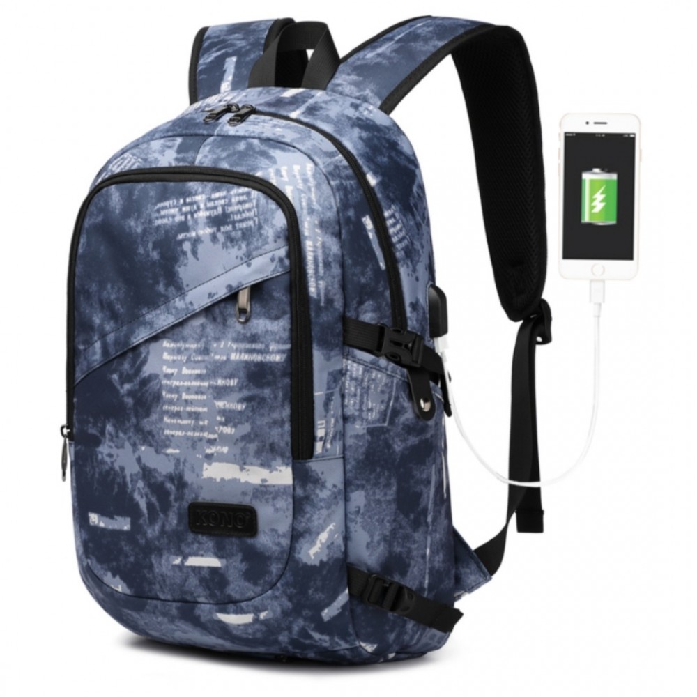 KONO unisex batoh s USB portom - modrá potlač - 20L