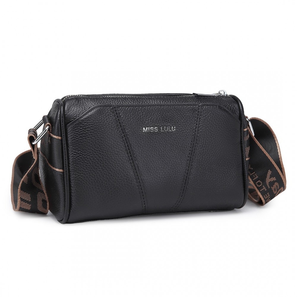 Miss Lulu dámska kožená crossbody kabelka so širokým popruhom L2310 - čierna