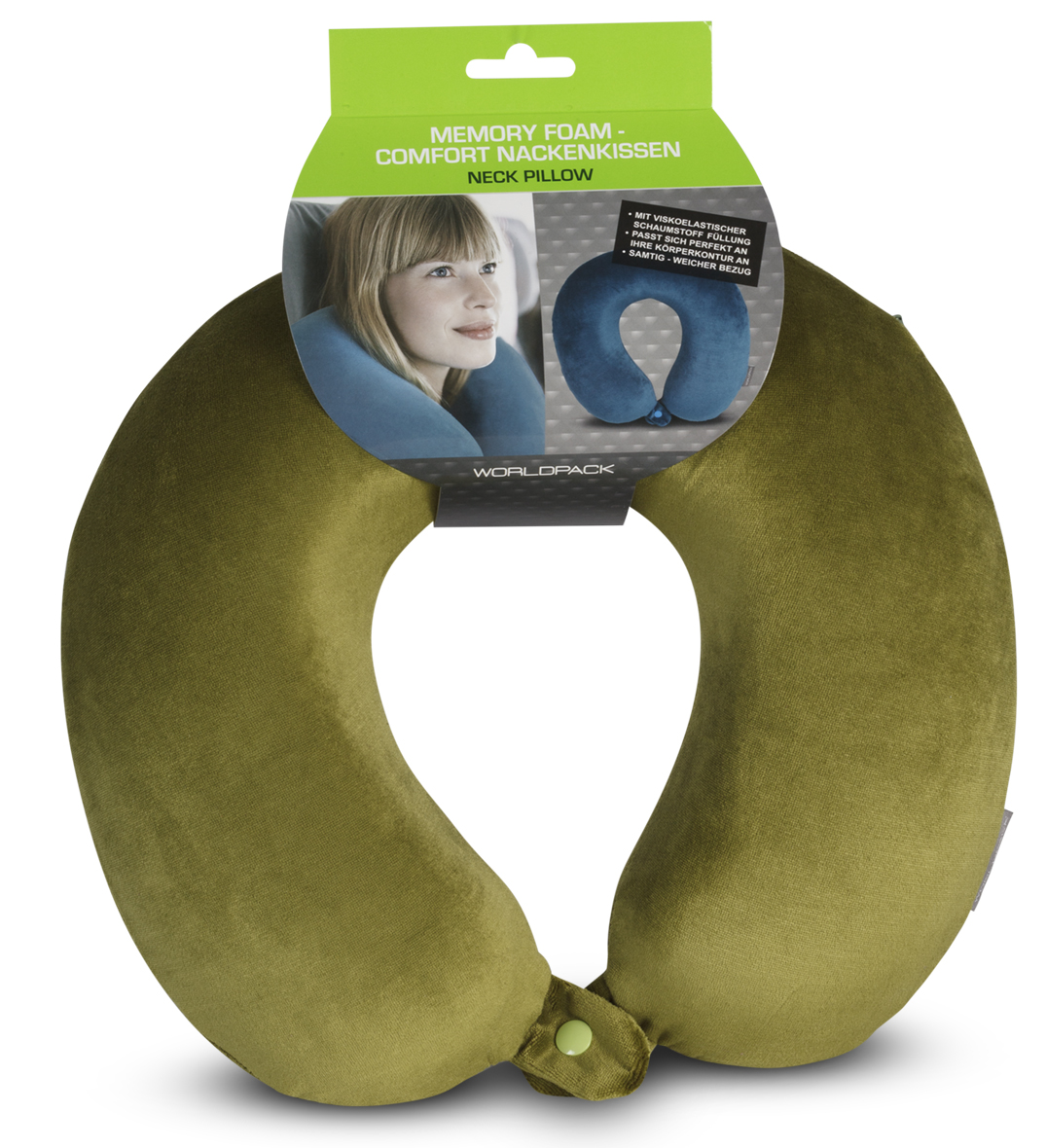 WORLDPACK TRAVEL PILLOW cestovný vankúš z pamäťovej peny - zelený
