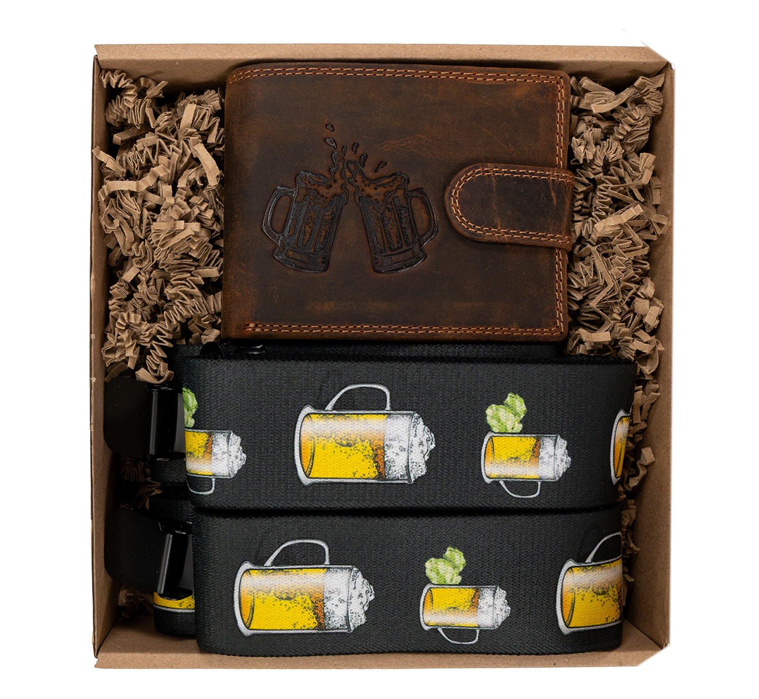 PIX Darčekový set pre muža - Kožená peňaženka so zapínaním a traky - Pivo