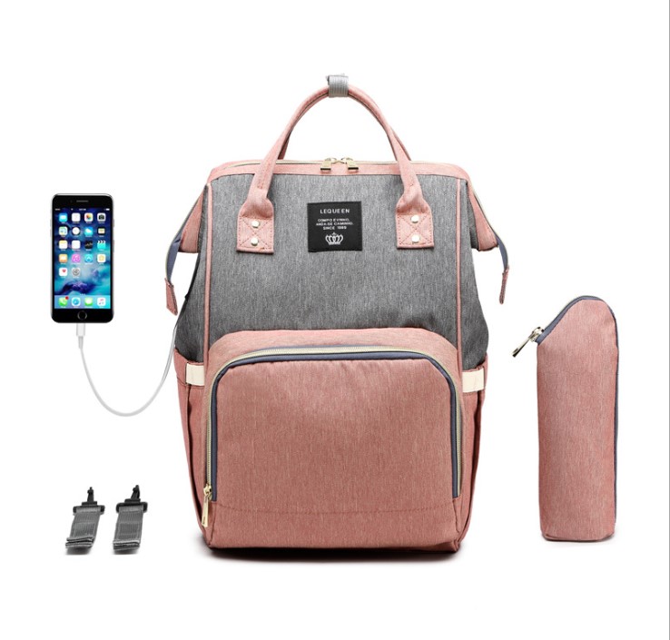 E-shop LEQUEEN Multifunkčný batoh na kočík so zabudovaným USB portom - Sivo Ružový